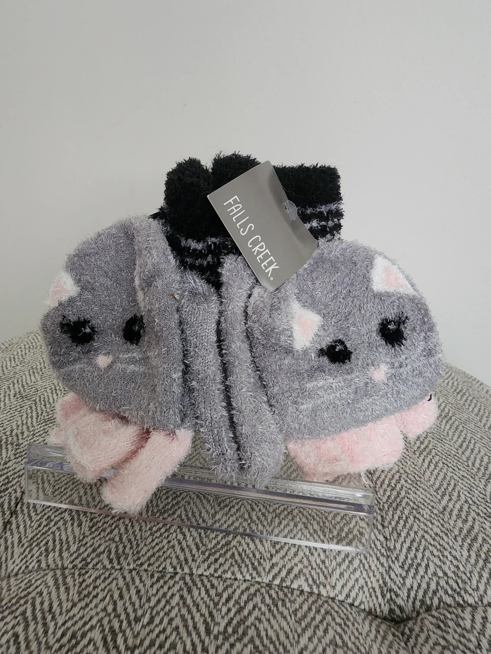 Falls Creek Kids'/Women's Small  Fuzzy Gray And Pink Cat Covertible Mittens